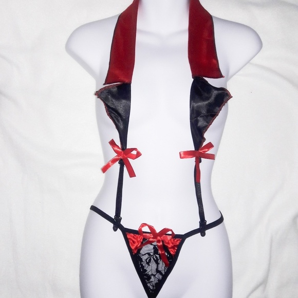 Red & Black Satin Tuxedo Bralette Panty Set O/S - Picture 2 of 4